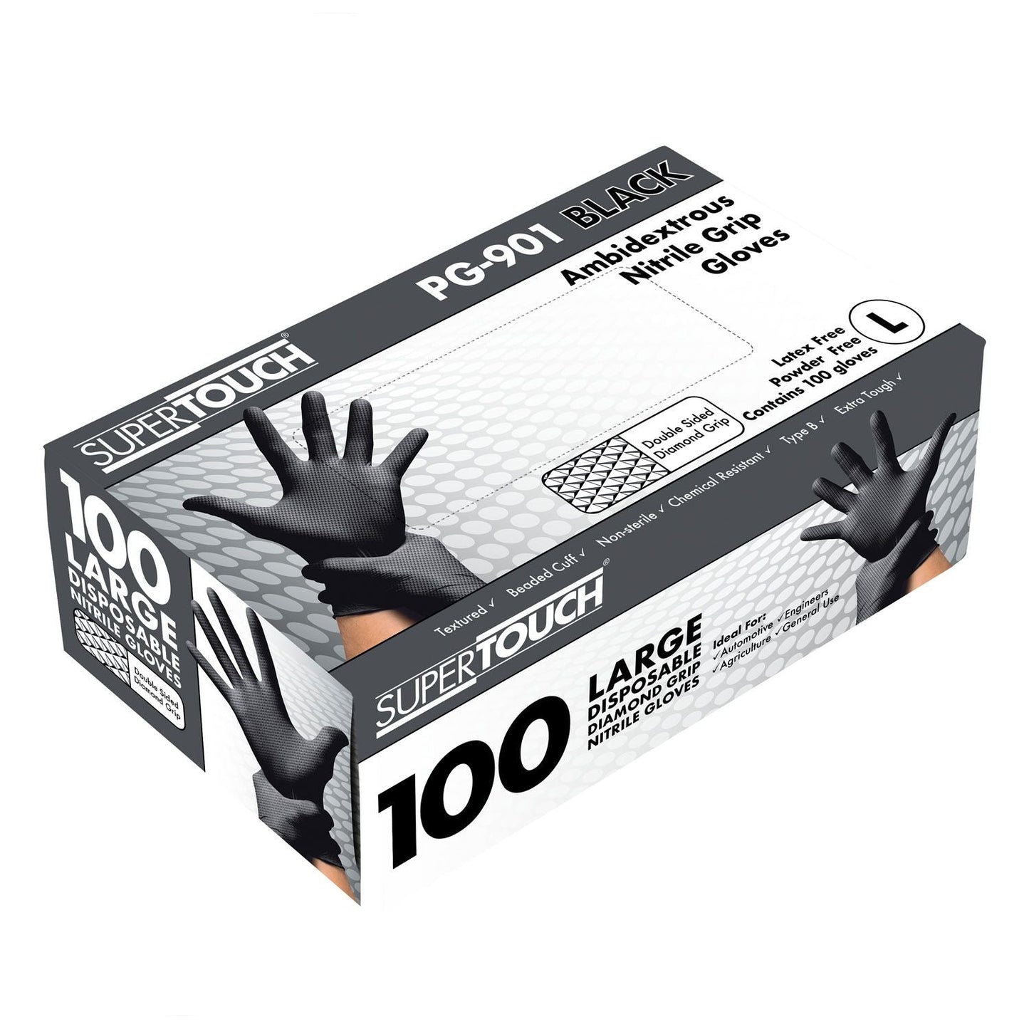 Supertouch Black Nitrile Diamond Grip Disposable Gloves - 100 Pack, Latex Free