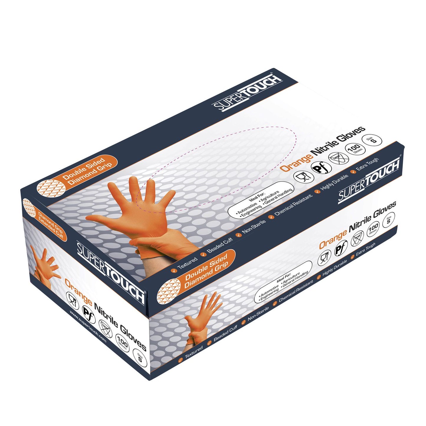 Supertouch Orange Disposable Nitrile Gloves Diamond Grip Food Safe 100 Pack