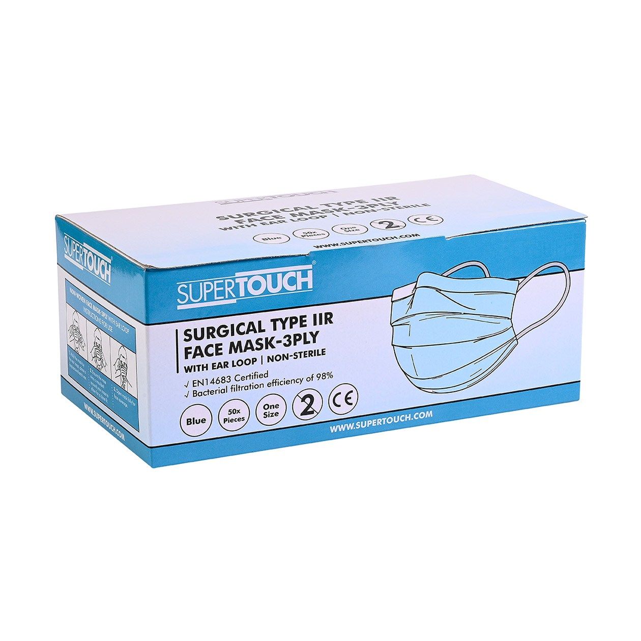 Supertouch Type IIR Surgical Face Masks 3 Ply Ear Loop 98% BFE 50 Pack