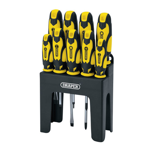 Draper Tools 9 Piece Soft Grip Screwdriver Set with Storage Stand, Yellow