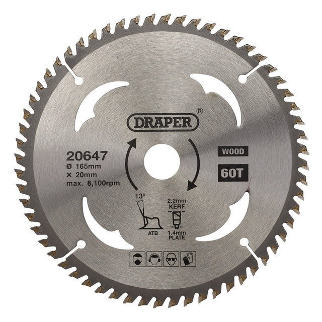 Draper Tools 165mm TCT Circular Saw Blade 60 Teeth for Wood Cutting