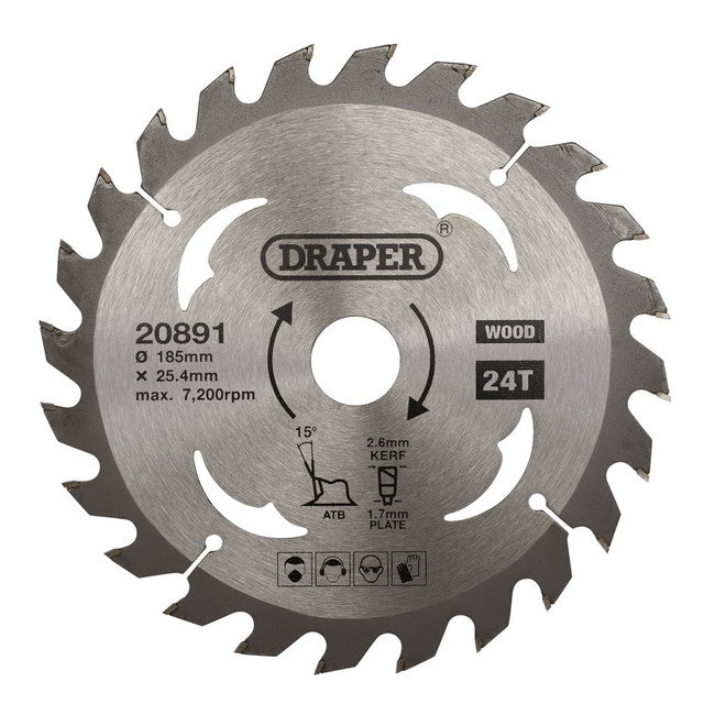 Draper TCT Circular Saw Blade 185mm 24T for Wood Cutting Hardwood MDF Plywood