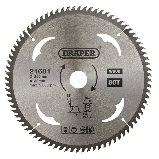 Draper TCT Circular Saw Blade 250mm 30mm Bore 80 Teeth for Wood Cutting