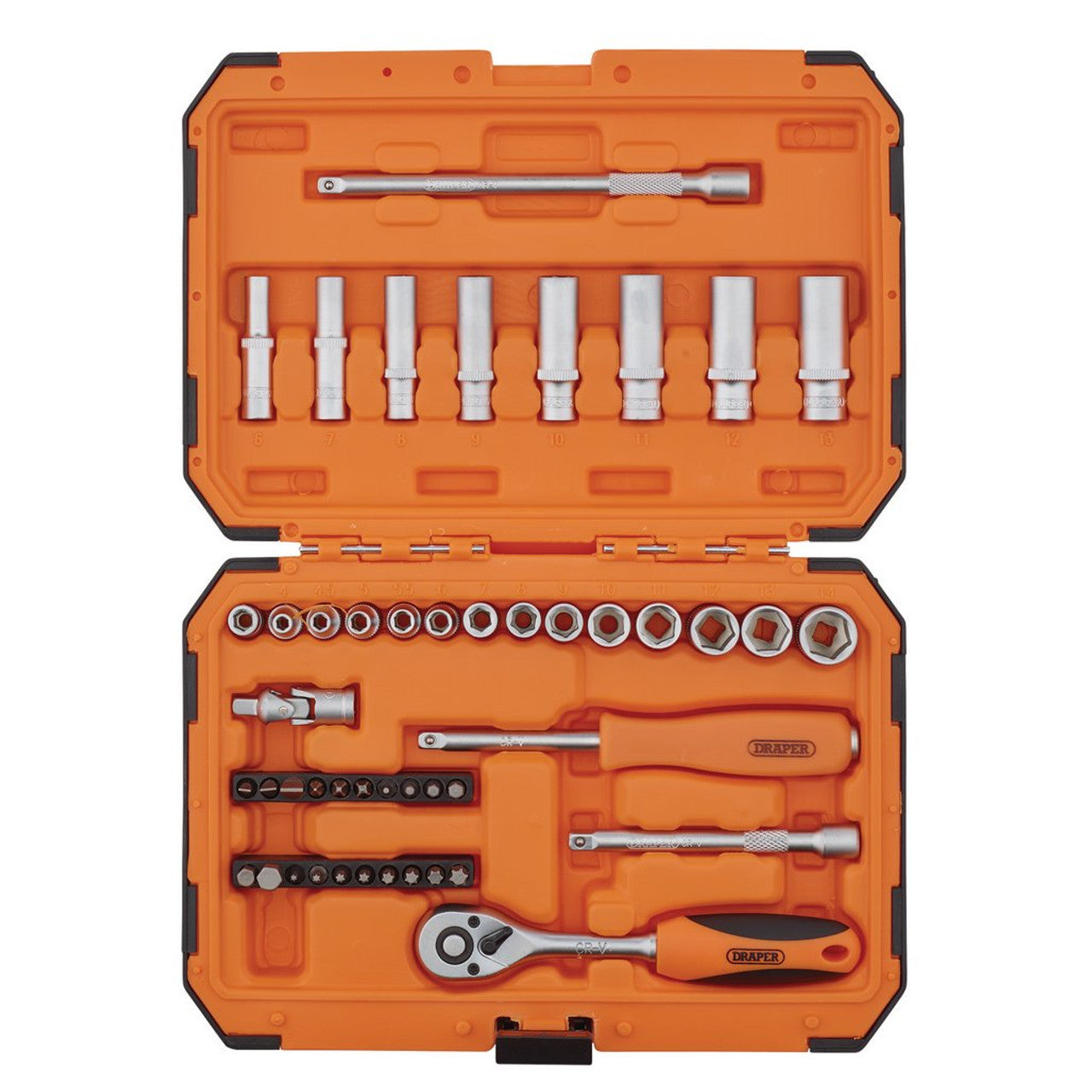 Draper Tools HI-TORQ 6 Point 1/4" Socket Set 47 Piece with Quick-Release Ratchet