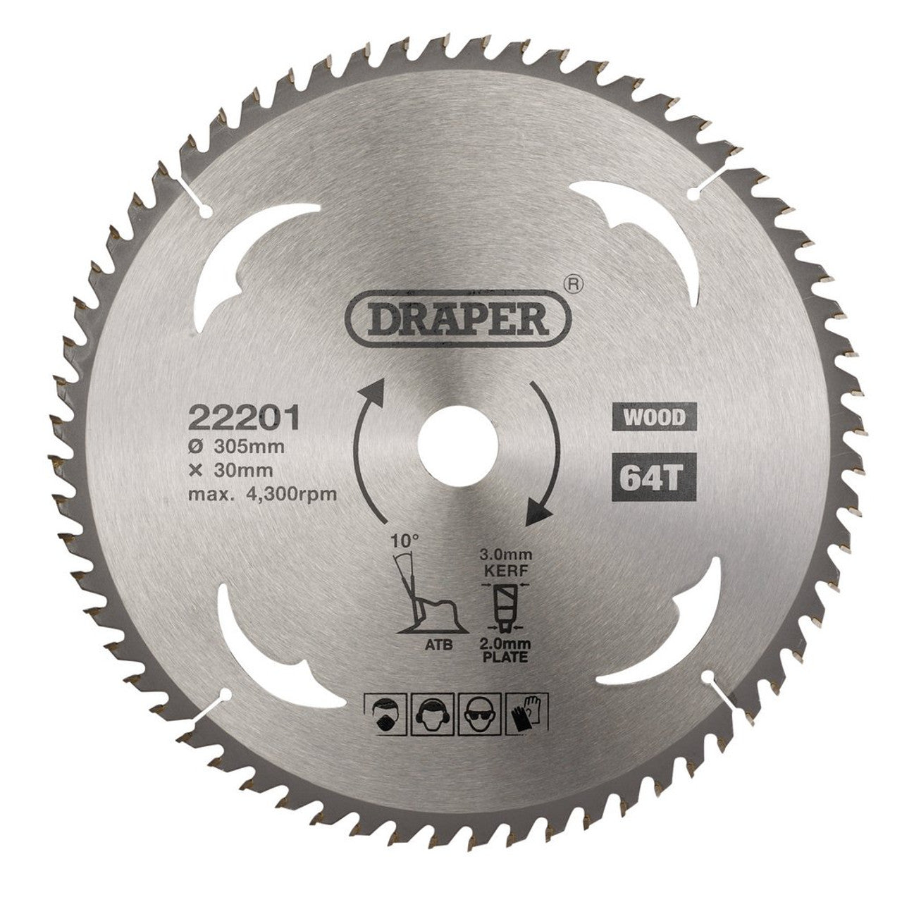 Draper TCT Circular Saw Blade 305mm 30mm Bore 64 Teeth for Wood Cutting