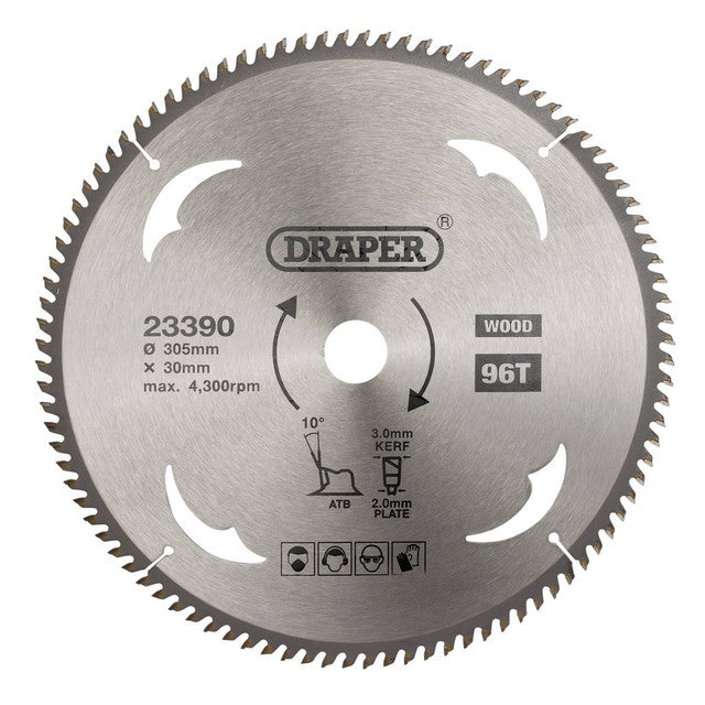 Draper TCT Circular Saw Blade 305mm 30mm Bore 96 Teeth for Wood Cutting