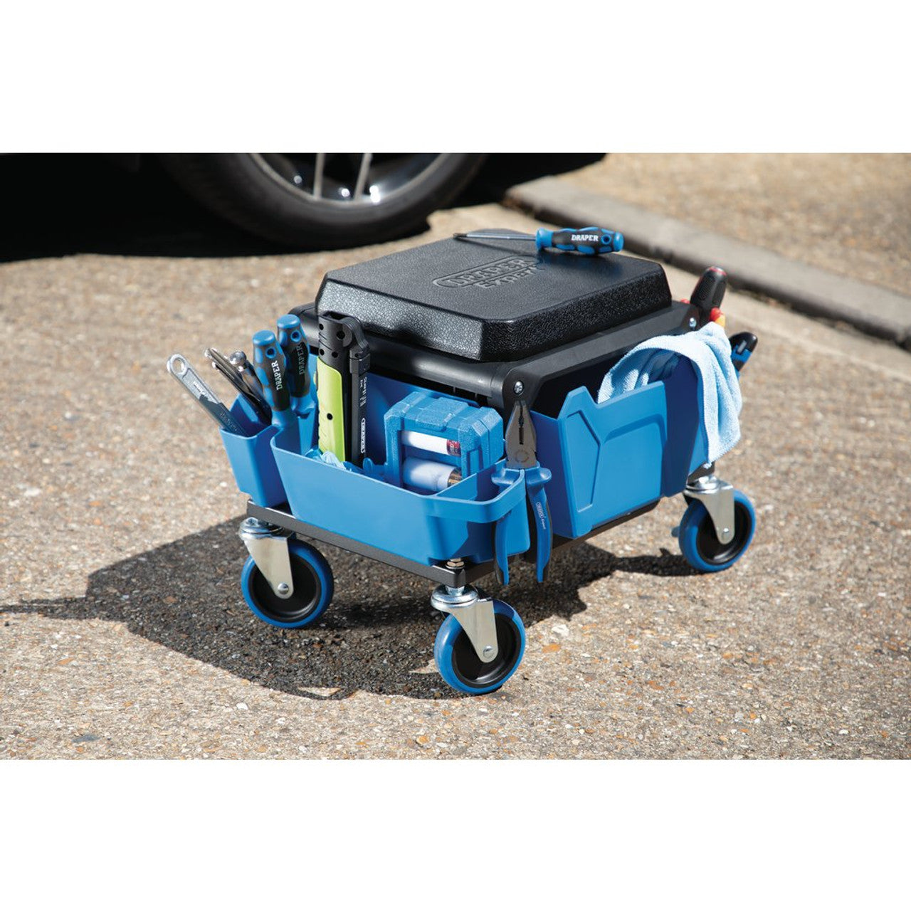 Draper Expert Foam-Padded Work Stool with Storage and Swivel Castors, Blue