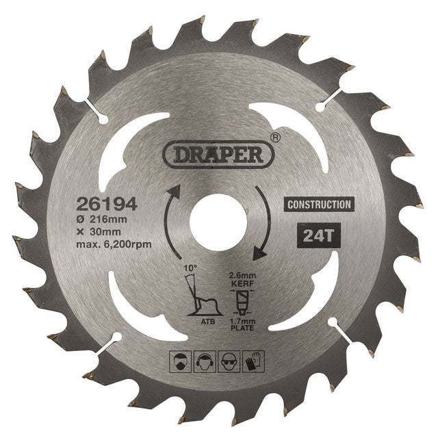 Draper Tools 216mm TCT Circular Saw Blade 30mm Bore 24 Teeth for Wood Cutting
