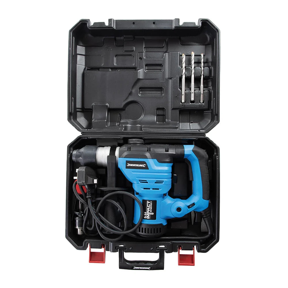Silverline 1500W SDS Plus Drill 5.5J Impact Energy Variable Speed with Chisels