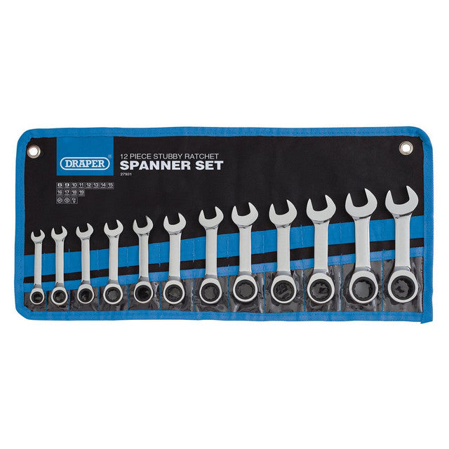 Draper HI-TORQ Metric Stubby Ratchet Spanner Set 12 Piece Chrome Vanadium
