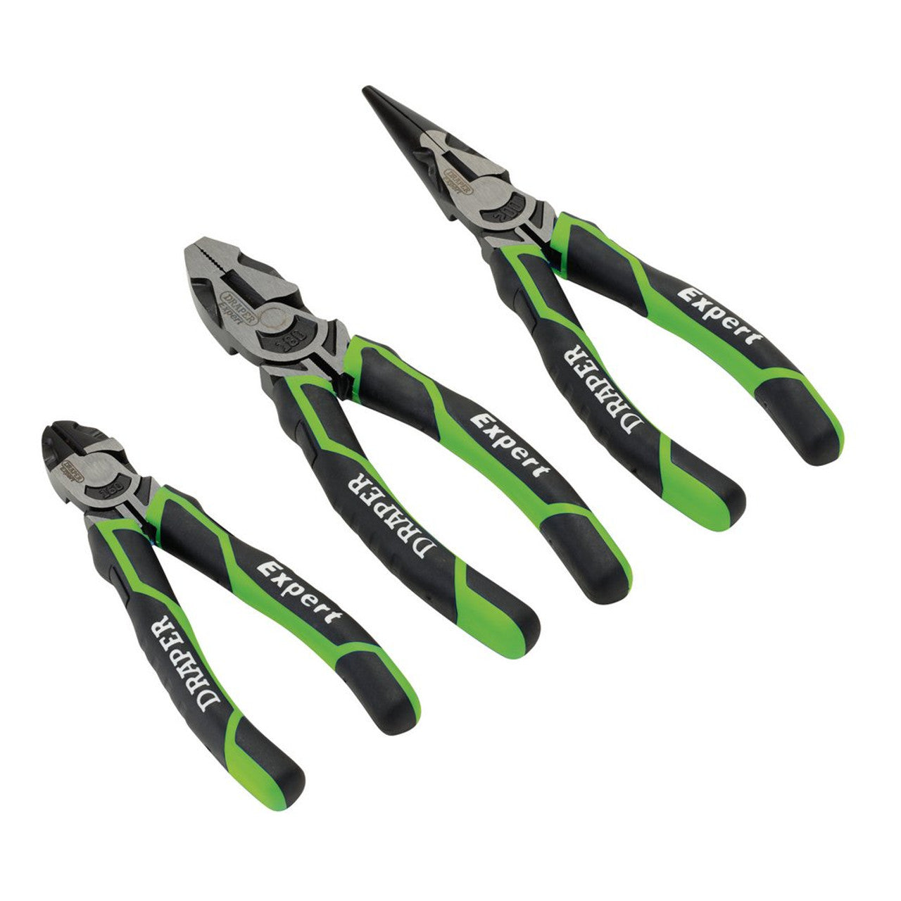 Draper Tools Expert High Leverage Plier Set 3 Piece Green Soft Grip Handles