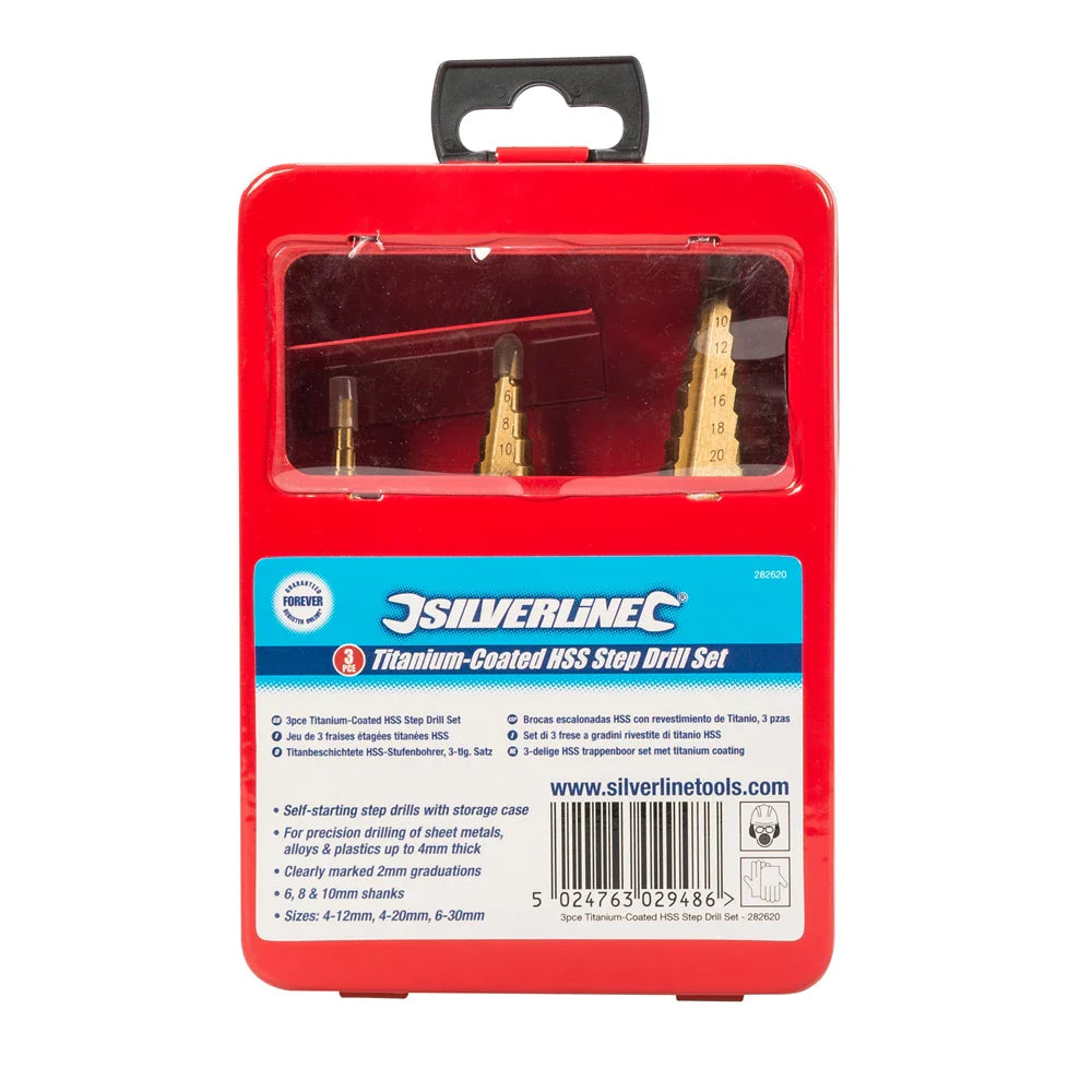 Silverline Titanium-Coated HSS Step Drill Set 3 Piece for Precision Drilling