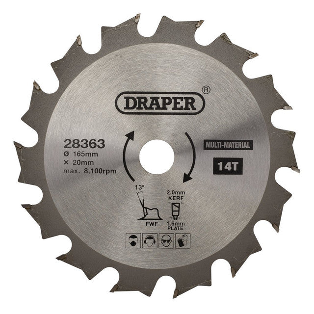 Draper Tools 165mm TCT Circular Saw Blade 14T for Wood Metal Plastic Cutting