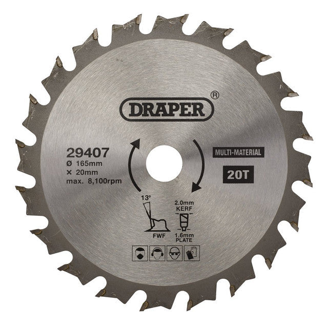 Draper Tools 165mm TCT Circular Saw Blade 20T for Wood Metal Plastic Cutting