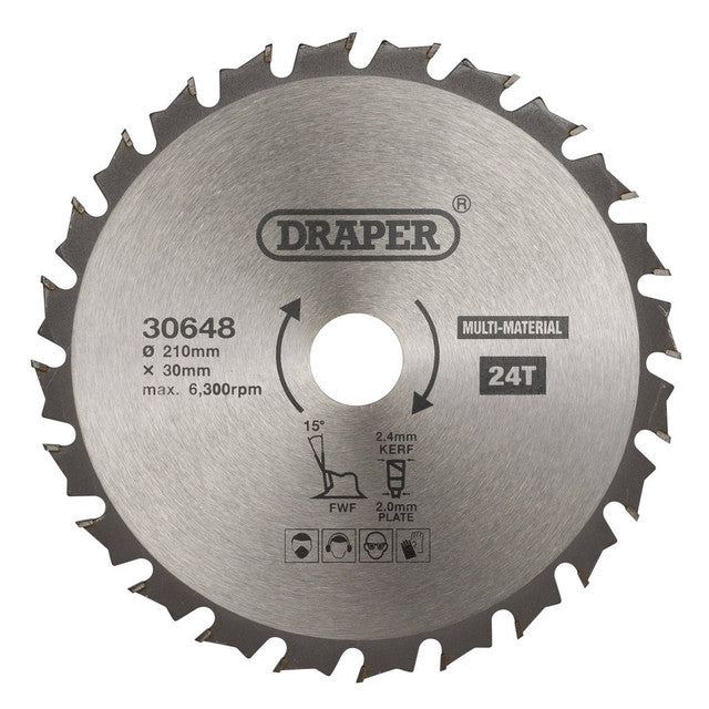 Draper Tools 210mm TCT Circular Saw Blade 24T for Wood Metal Plastic Cutting
