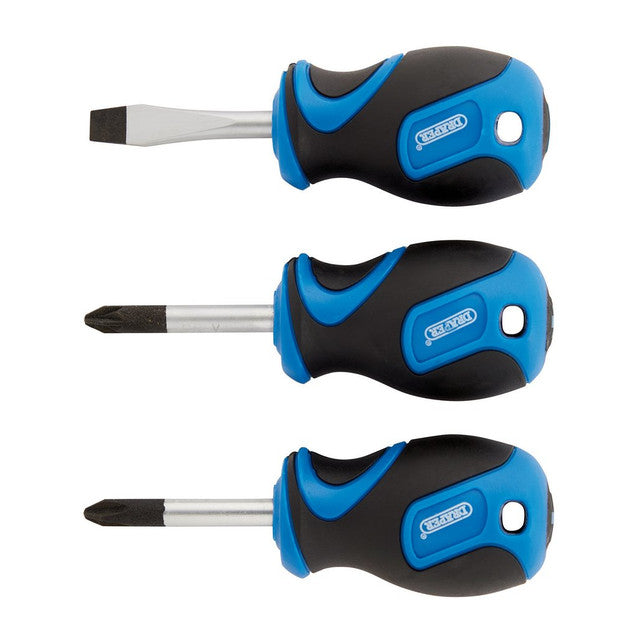 Draper Tools Stubby Screwdriver Set 3 Piece Soft Grip Chrome Vanadium Steel