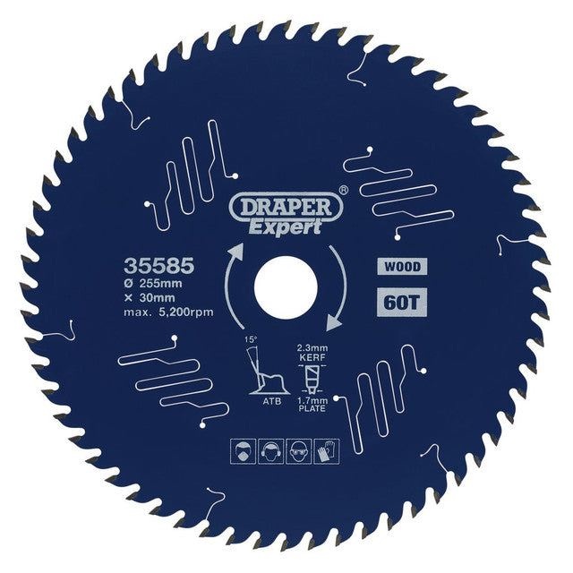 Draper Tools 255mm TCT Circular Saw Blade 60T for Wood with PTFE Coating