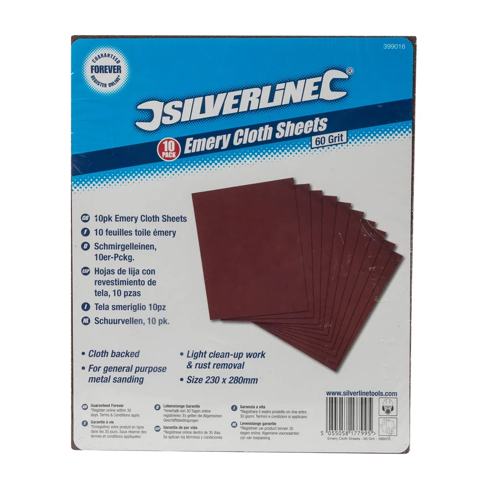 Silverline 10 Pack Emery Cloth Sheets 60 Grit 230x280mm for Metal Sanding