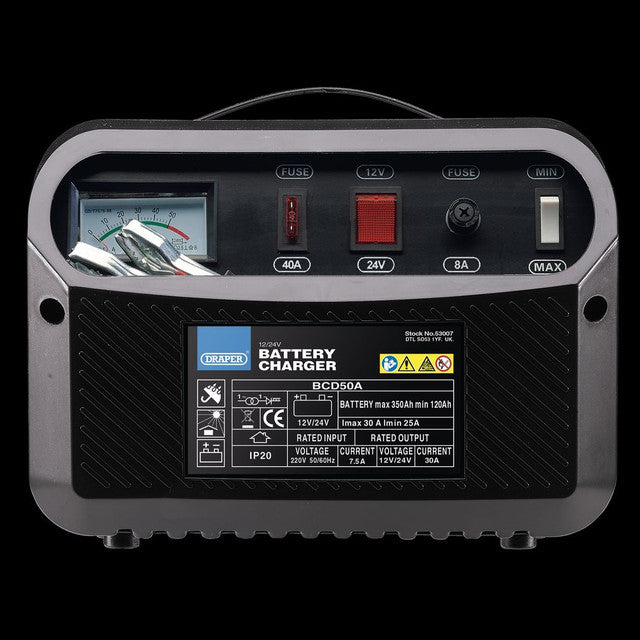 Draper Tools 12/24V Battery Charger 120-350A with Carry Handle & Cable Storage