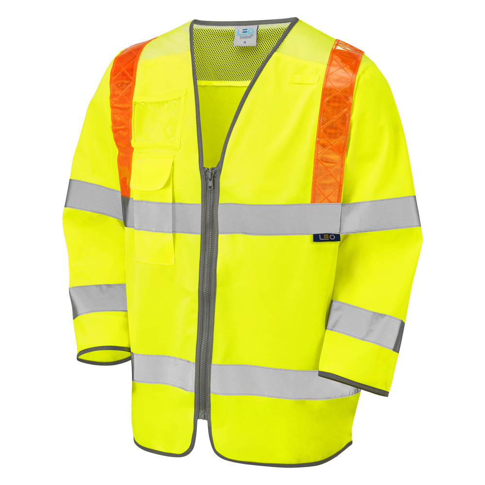 Leo Workwear EcoViz 3/4 Sleeve Waistcoat Red Braces Mesh Fabric Mobile Pocket