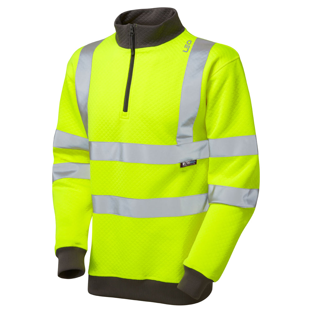 Leo Workwear Brynsworthy EcoViz 1/4 Zip Sweatshirt Reflective Ribbed Cuffs