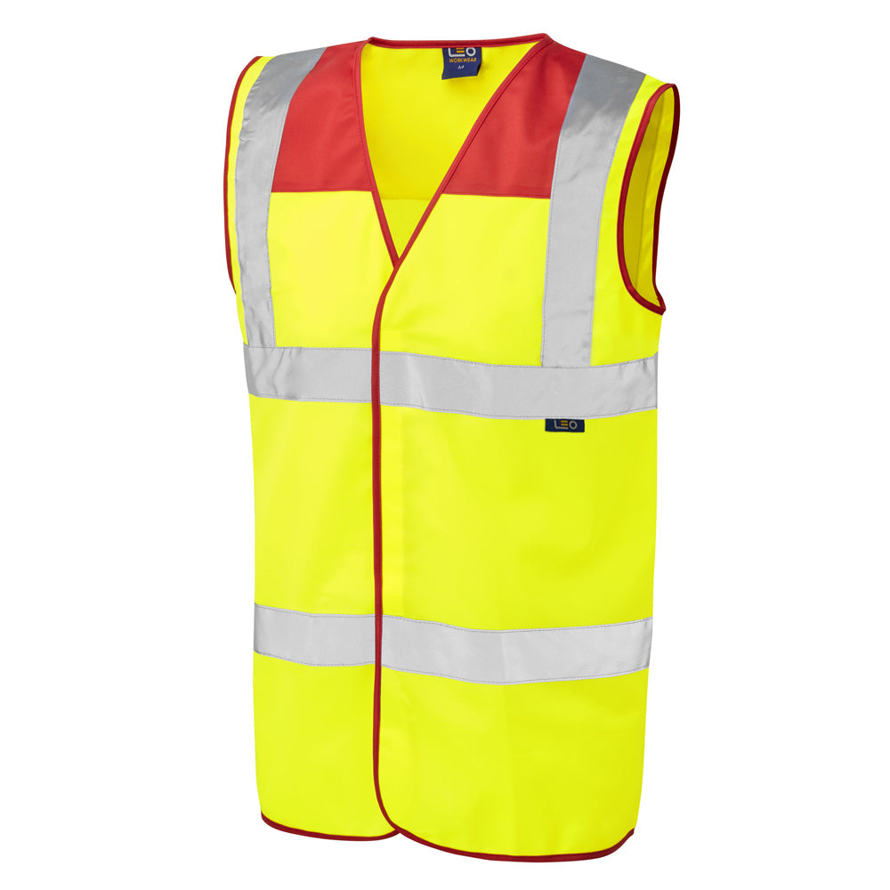 Leo Workwear Bradworthy EcoViz Red Yoke Waistcoat Lightweight Durable Fastener