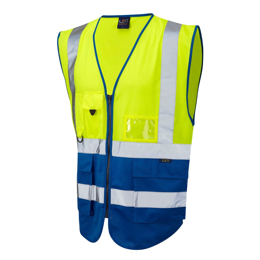 Leo Workwear Lynton EcoViz Hi-Vis Waistcoat Yellow/Royal XS-6XL Reflective