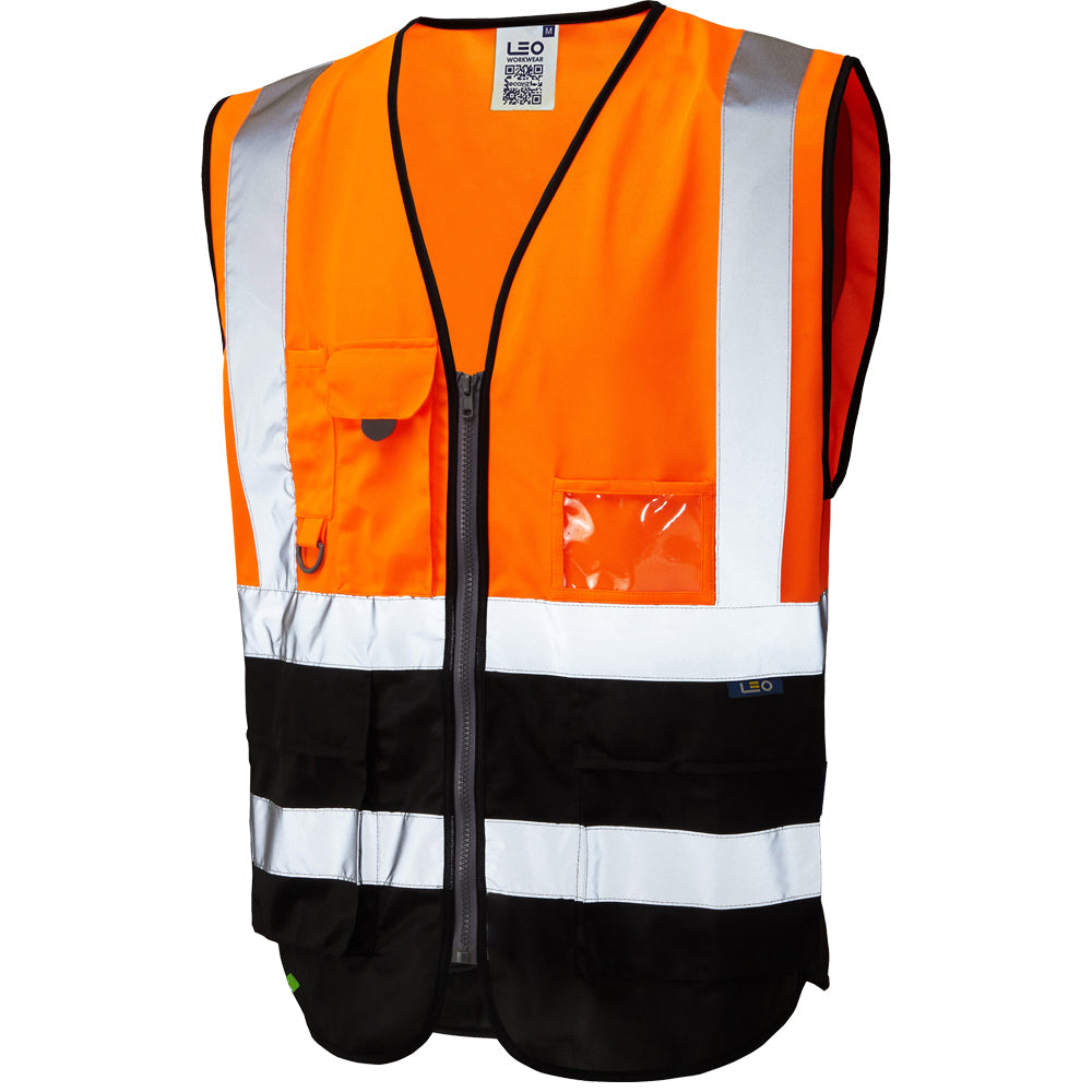 Leo Workwear EcoViz Lynton Waistcoat Orange/Black Recycled Polyester XS-6XL