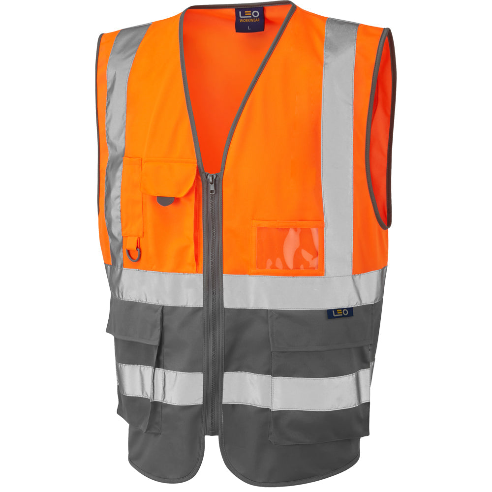 Leo Workwear Lynton EcoViz Hi-Vis Waistcoat Orange Grey Recycled Polyester