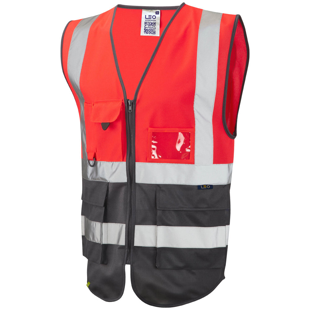 Leo Workwear EcoViz Lynton Hi-Vis Waistcoat Red/Grey Recycled Polyester XS-6XL