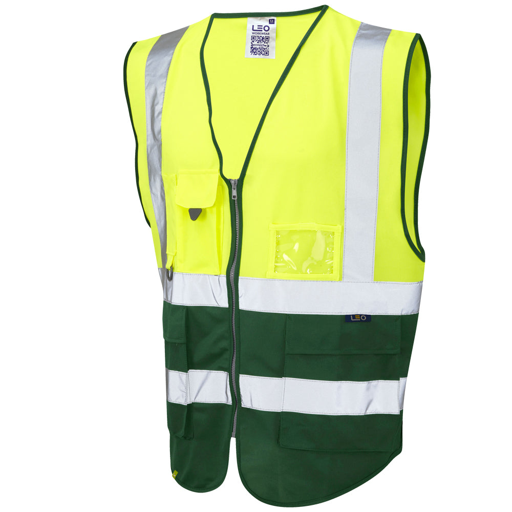 Leo Workwear Lynton EcoViz Hi-Vis Waistcoat Yellow/Bottle XS-6XL Reflective