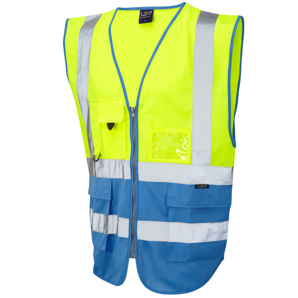 Leo Workwear Lynton EcoViz Hi-Vis Waistcoat Yellow/Blue, XS-6XL, Reflective