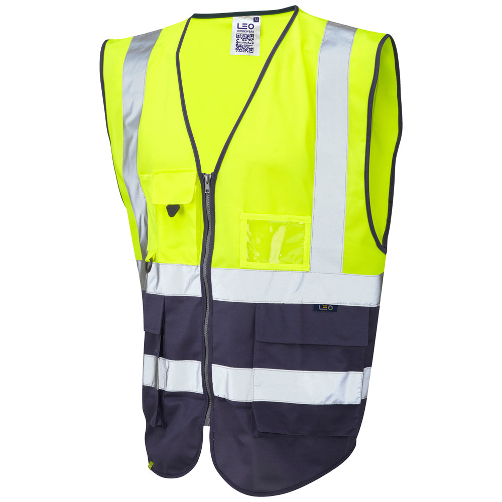 Leo Workwear Lynton EcoViz Hi-Vis Waistcoat Yellow/Navy XS-6XL Reflective