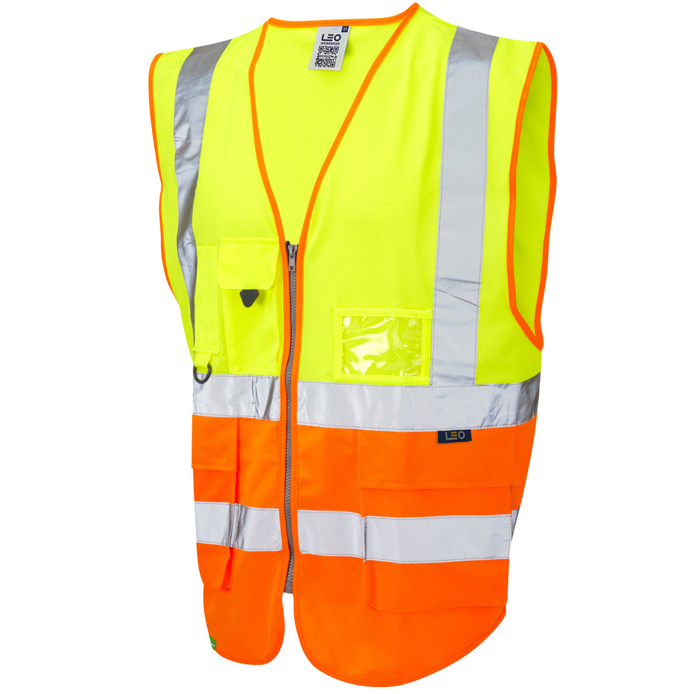 Leo Workwear Lynton EcoViz Hi-Vis Waistcoat Yellow/Orange XS-6XL Reflective