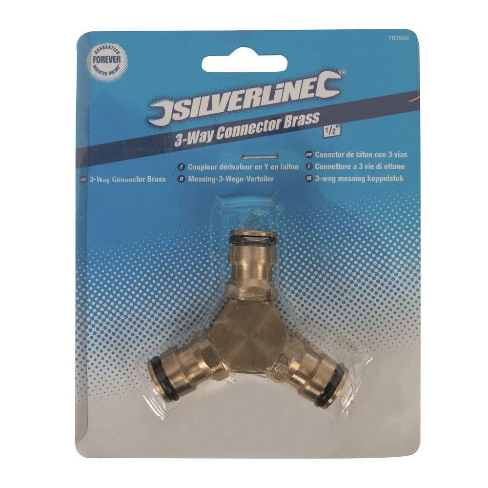 Silverline 3-Way Brass Connector 1/2" Quick Connect Male Fitting Durable Quality