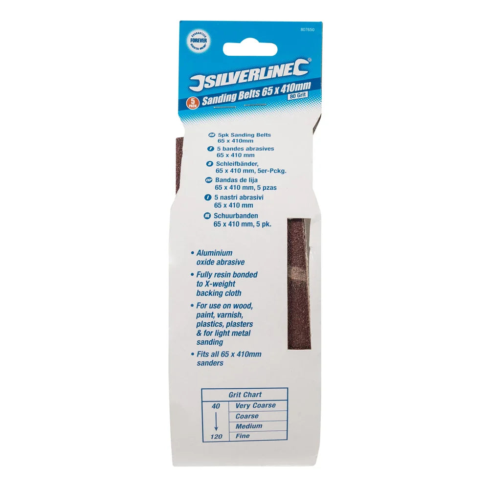 Silverline 65x410mm Sanding Belts 5 Pack 80 Grit Aluminium Oxide for Wood Metal