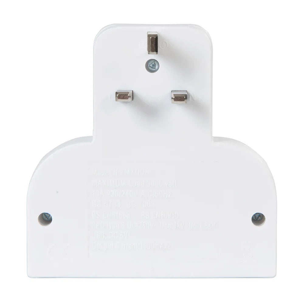 Powermaster Dual Socket T Adapter with 2 USB Ports 2.1A Compact Charger