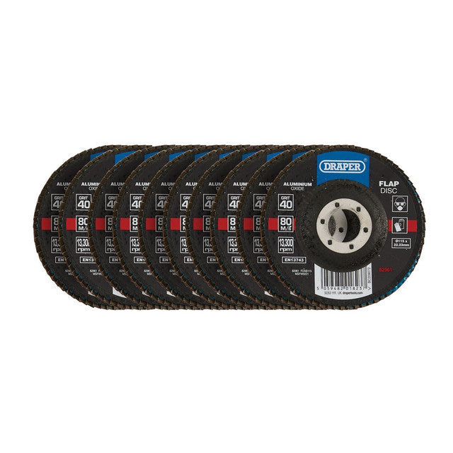 Draper Tools 115mm Aluminium Oxide Flap Discs 40 Grit Pack of 10 for Grinding