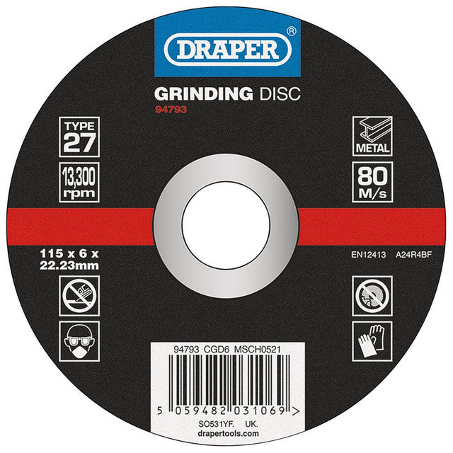 Draper Tools DPC Metal Grinding Disc 115mm x 6mm x 22.23mm Aluminium Oxide