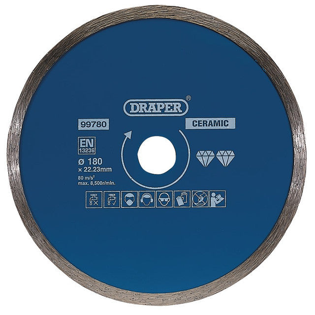 Draper Tools 180mm Continuous Diamond Blade for Ceramic & Stone Cutting