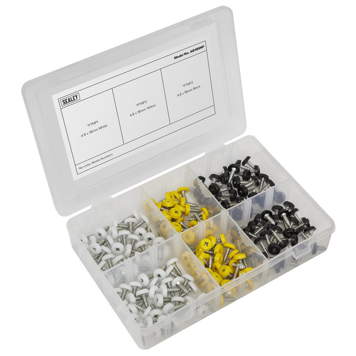 Sealey 195pc Numberplate Screw Assortment 4.8mm x 18mm Plastic Head Boxed