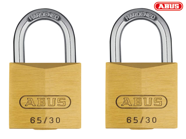 ABUS 65/30mm Brass Padlock Twin Pack + Hardened Steel Shackle Security Level 4