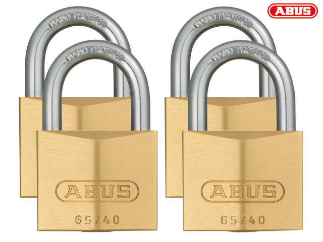 ABUS 65/40mm Brass Padlock Quad Pack + Hardened Steel Shackle Security Level 5