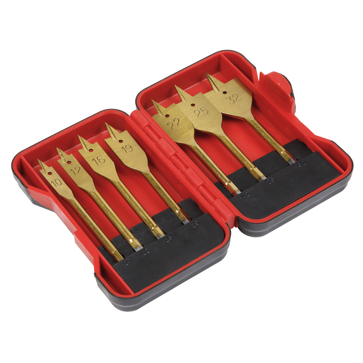 Sealey 7pc Flat Wood Drill Bit Set Titanium Coated 1/4" Hex Shank Storage Box