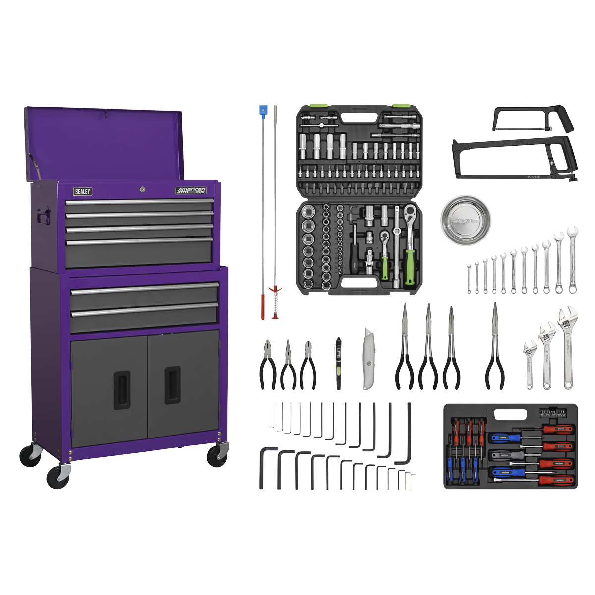 Sealey 6 Drawer Topchest & Rollcab Combo with 170pc Tool Kit - Purple/Grey