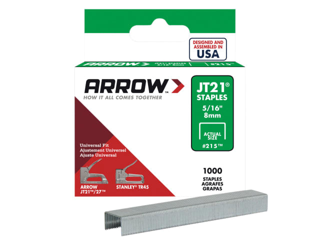 Arrow JT21 T27 Staples 8mm 5/16in Box of 1000 for JT21 Staple Gun