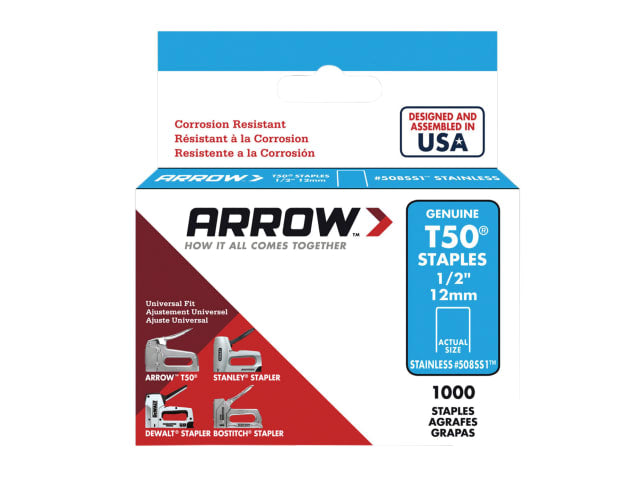 Arrow T50 Stainless Steel Staples 12mm 1/2in Box of 1000 Heavy-Duty Rustproof