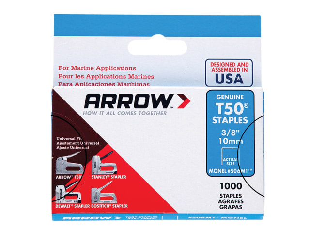 Arrow T50M Monel Staples 10mm 3/8in Box of 1000 Rustproof Waterproof Durable