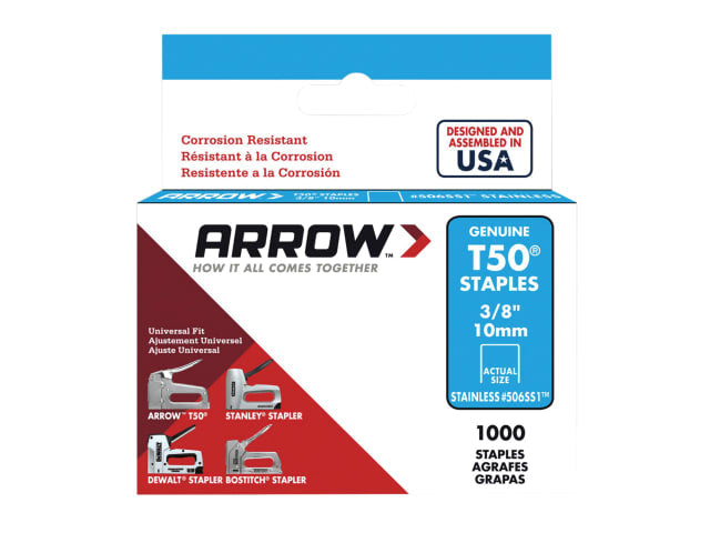 Arrow T50 Stainless Steel Staples 10mm 3/8in Box of 1000 Heavy-Duty Rustproof