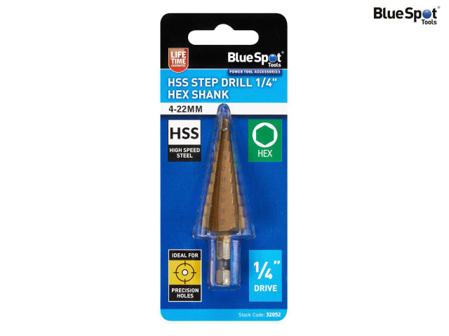 BlueSpot HSS 1/4in Hex Shank Step Drill 4-22mm Titanium Coated Durable Tool